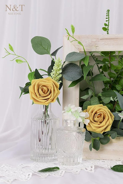 N&T NIETING Artificial Rose Flowers, 25pcs Fake Flowers Fall Yellow Rose DIY for Wedding Bridesmaid Bridal Bouquets Centerpieces Party Cake Decoration Home Display, Gold Yellow