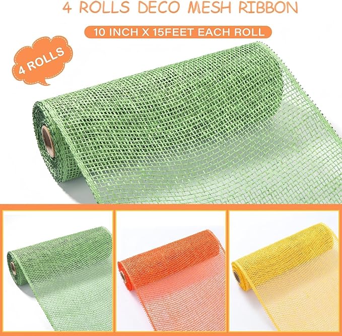 Chuangdi 4 Rolls Fall Poly Burlap Mesh Poly Burlap Deco Ribbon Mesh Roll for Autumn Thanksgiving Easter DIY Flower Wreath Garland, 10 Inch