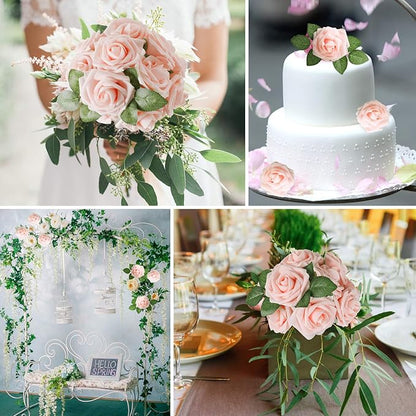 AmyHomie Artificial Flowers Blush Pink Rose 100pcs Real Looking Fake Roses w/Stem for DIY Wedding Bouquets Centerpieces Arrangements Party Baby Shower Valentines Day Christmas Tree Decorations