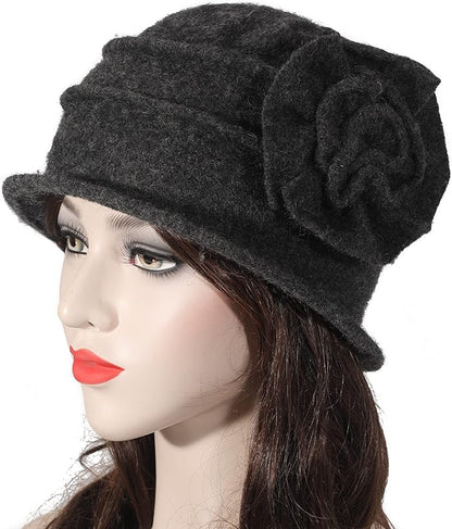 ZLYC Women Wool Cloche Bucket Hat 1920s Vintage Dress Winter Hats with Flower Accent