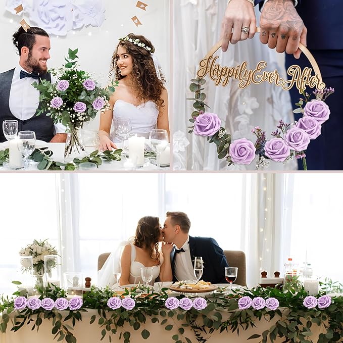 100PCS Light Purple Artificial Flowers Roses Real Looking Foam Fake Roses with Leaves for DIY Wedding Bouquets Bridal Shower Party Decorations (Lilac, 100)