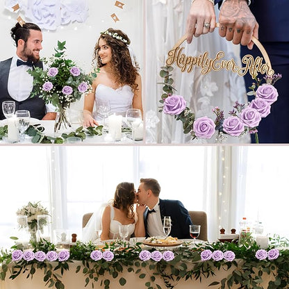 100PCS Light Purple Artificial Flowers Roses Real Looking Foam Fake Roses with Leaves for DIY Wedding Bouquets Bridal Shower Party Decorations (Lilac, 100)