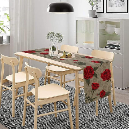 Red Rose Print Table Runner, Romantic Vintage Rose Spring Summer Dinner Runner Table Decoration for Home Kitchen Dining Holiday Wedding Party 13x60in