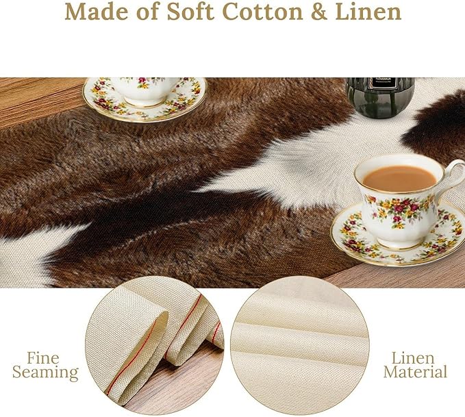 Cow Skin Print Table Runner Farmhouse Western White Brown Cowhide Rustic Cottage Country Seasonal Spring Fall Kitchen Dining Table Decoration for Home Party Dinner 13x60cm