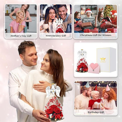 Christmas Angel Gifts for Women,Preserved Flowers Rose in Glass Angel Figurines Flowers for Delivery,Preserved Three Red Rose with Lights,Christmas Birthday Gifts for Grandma Mom Wife Her Sister