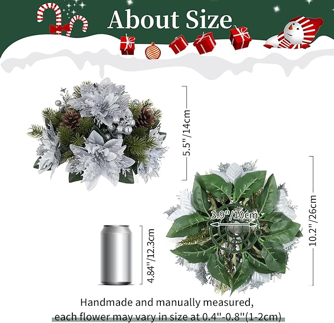 BLOSMON Poinsettias Artificial Christmas Flowers: 2 Pcs Silver Glitter Fake Christmas Floral Ball Centerpieces for Tables Decoration Silk Faux Poinsettia Holiday Flower Arrangement Xmas Plants Decor