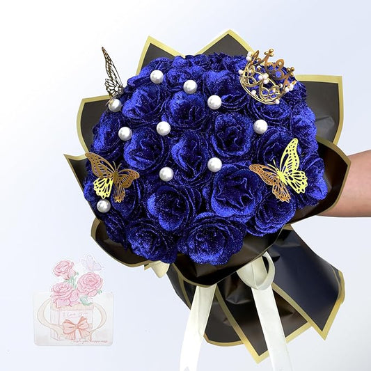 Glitter Roses Bouquet, Shiny Artificial Roses Flowers with Stems DIY Fake Glitter Flowers Bouquet for Valentine's Day, Mother's Day, Anniversary, Graduation, Birthday, Wedding, 36 Roses (Blue)