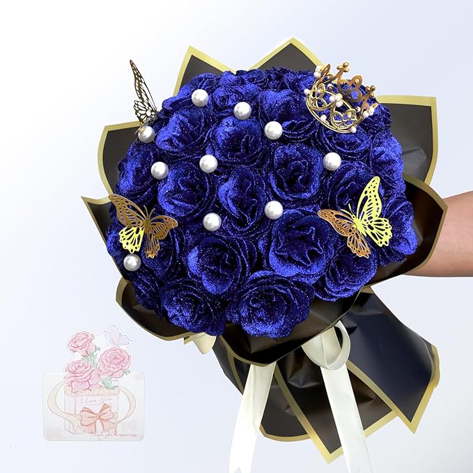 Glitter Roses Bouquet, Shiny Artificial Roses Flowers with Stems DIY Fake Glitter Flowers Bouquet for Valentine's Day, Mother's Day, Anniversary, Graduation, Birthday, Wedding, 24 Roses (Blue)