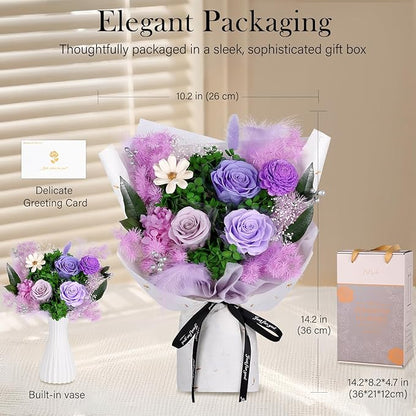 Preserved Flowers Bouquet - Forever Flowers for Delivery, Real Eternal Roses Bouquet Gifts for Women Mother Mom Girlfriend Wife Anniversary Birthday Present for Her, Light Purple