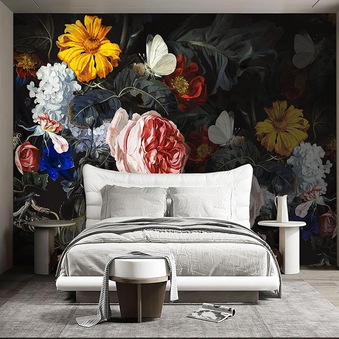Black Floral Wall murals Peel and Stick Flowers Wallpaper for Bedroom Living Room - 96"x137"