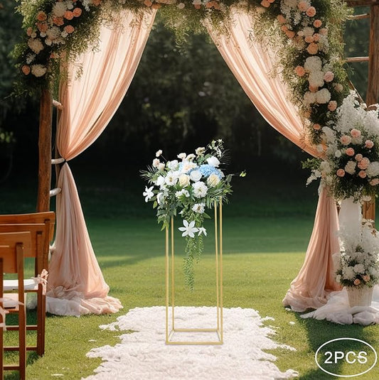 2PC 31.5" Flower Stand for Wedding Metal Cylinder Stands for Party Rectangular Gold Centerpieces Flower Vase Gold Pedestal Columns for Weddings Indoor Outdoor Flower Plant Stand Decoration