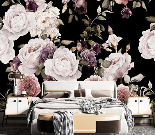 Cliouar-Peony Flowers Wall Mural - Purple Flower Wallpaper, Rose Mural Peel and Stick 90" x 67"