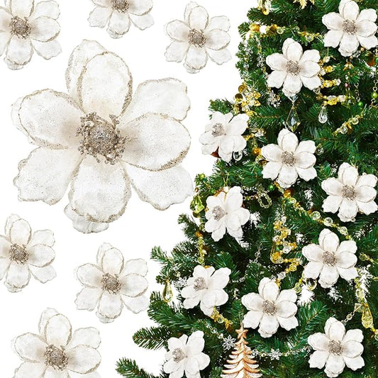 20 Pcs Christmas Glitter Poinsettia Magnolia Flowers Ornaments White Large Heads Artificial Magnolia Flowers for Christmas Tree Xmas Wreath Holiday Wedding Decor