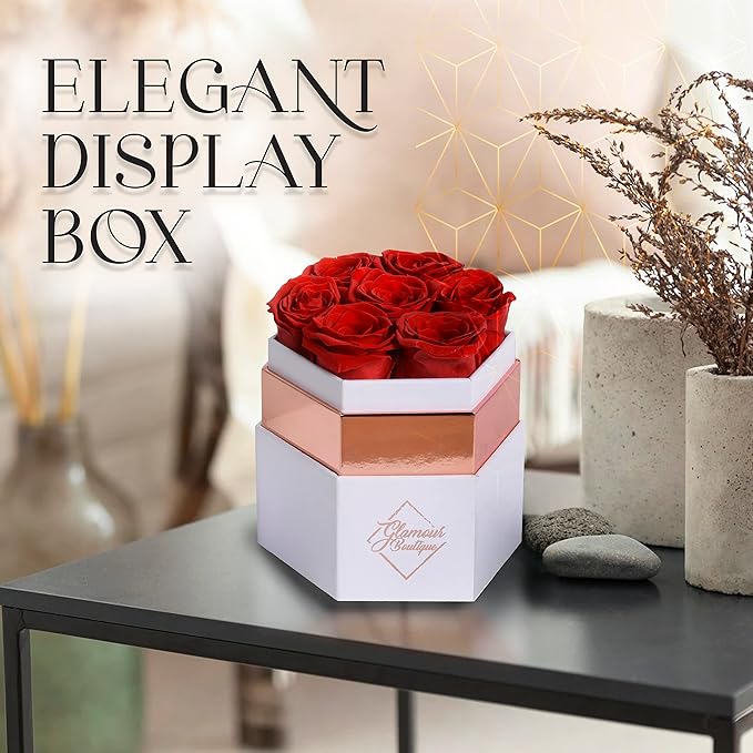 GLAMOUR BOUTIQUE Eternal Preserved Roses in a Box - Flowers Forever, Rose Forever in a Box for Wife, Birthday Gifts for Her, 7 Roses, Red