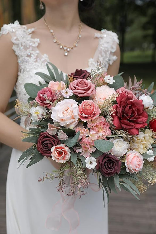 Artificial Flowers Combo Box Set Burgundy Pink Fake Flower Leaf Box with Stems for DIY Wedding Bouquets Centerpieces Arch Arrangement Baby Shower Party Home Decorations