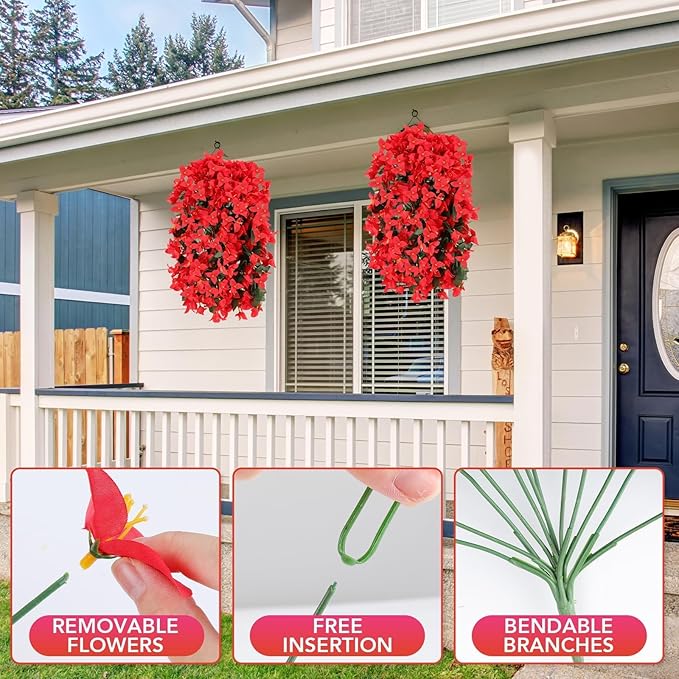 Artificial Bougainvillea Flowers for Outdoor Plant,12 pcs Faux Hanging Flowers Bougainvillea for Outside Decoration,Fake Silk UV Resistant Vines for Front Door Porch(Red)