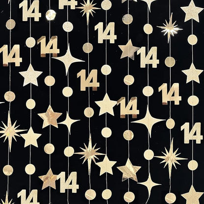 Champagne Gold 14th Birthday Decorations Number 14 Circle Dot Star Garland Streamer Banner Backdrop for Girls Boys Cheers to 14 Years Old Birthday Happy 14th Anniversary Party Supplies