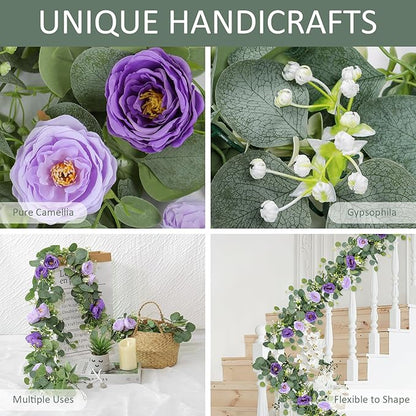 TOCHGREEN 4 Pack Artificial Eucalyptus Flower Garland with Purple Roses, Fake Rose Flower Greenery Garland Floral Vines for Wedding Home Party Table Runner Decor (Purple, 4PCS)