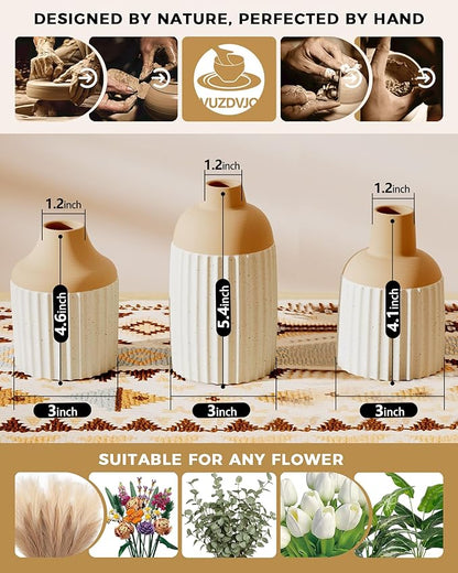 Beige Decorative Vase Set of 3 - Modern Boho Style Ribbed Ceramic Bud Vases for Flowers, Mini Small Vases for Shelf, Shelves, Bookshelf, Entryway Table & Home Decor Aesthetic (Beige White)