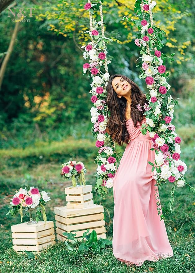 N&T NIETING Artificial Flowers, Hot Pink Artificial Roses, 50pcs Fake Flowers with Stem for DIY Wedding Bouquets Centerpieces Bridal Baby Shower Party Home Arrangement Decoration