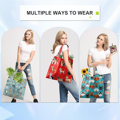 BeeGreen Dog Reusable Shopping Bags Cute Grocery Bag 6 Pack, Christmas Gift Bags Heavy-Duty Foldable Shopping Totes for Supermarket, Work & Travel, Large Washable Polyester Tote Bag with Handles