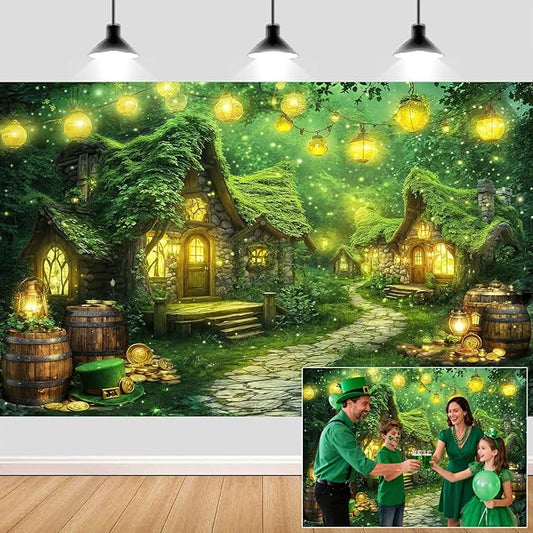 15X10ft St. Patrick's Day Backdrop Magic Enchanted Forest Green House Lucky Irish Shamrock Gold Coins Wonderland Photography Background for Kids Girls Party Decoration Cake Table Photo Booth Props
