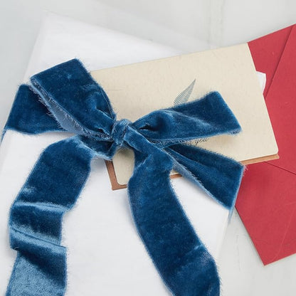 Dusty Blue Velvet Ribbon Handmade Fringe Fabric Ribbons for Crafts Flower Bouquet Wedding Decorations 2 Rolls 1 1/2 Inch x 2 Yd (4 Yards Total)