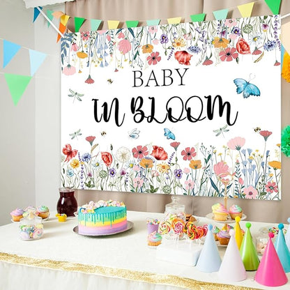 Baby in Bloom Backdrop 7x5ft, Floral Baby Shower Background for Girl, Spring Garden Theme Gender Reveal Party Decorations Banner, Wildflower Butterfly Baby Shower Photo Booth Photography