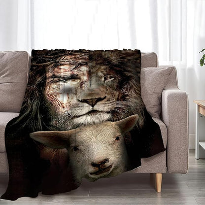 Christian Jesus Lion & Lamb Throw Blanket - Soft, Warm, Cozy Fleece for Men, Women, Adults - 50"x40"