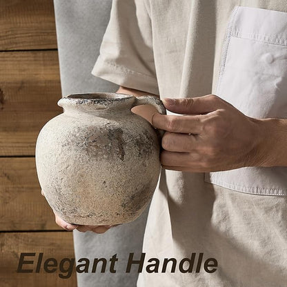 Antique Terracotta Vase with Handle, 5.6 Inch Farmhouse Ceramic Vase Boho Decor Decorative Vase, Rustic Vase for Home Decor, Living Room, Table, Wedding - Distressed Design, Gray