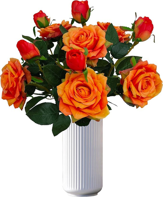 ATFL Fake Sunset Red Flowers, 6 Pcs Faux Silk Real Touch Moisturizing Artificial Rose Flowers for Wedding Decor,Flores Irosas Artificiales para Decoracion(6, Orange)