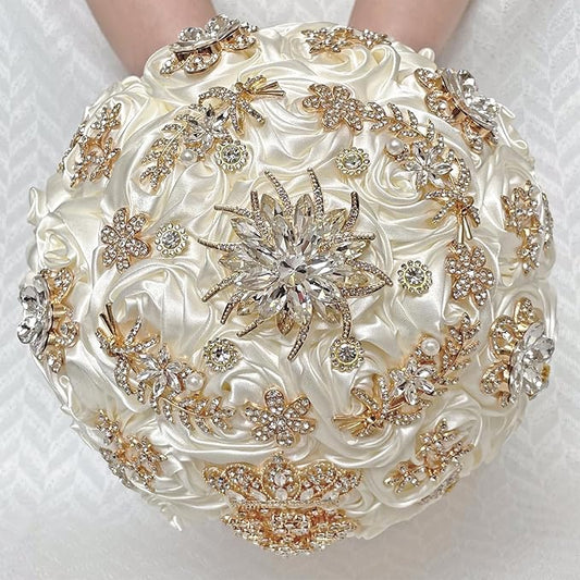 Handmade Satin Rose Floral Bling Pearl Decor Bridal Wedding Bouquet Rhinestone Pendant Artificial Brooch Flowers for Bride Bridesmaid Quinceanera