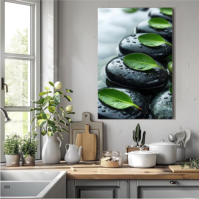 Glittering black stone cluster with fresh green leaves and water drops poster tranquil mist rain wall art zen wall art suitable for modern minimalist home decor 12x18in Frameless