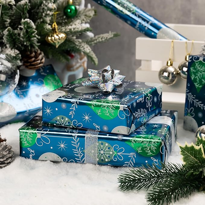 MAYPLUSS Christmas Gift Wrapping Paper Roll - 17 Inch X 33 Feet - Luxury Metallic Vintage Navy Blue Elegant Christmas Ornaments Winter Gift Wrap Present Paper for Holiday, Hanukkah, Festive Decoration