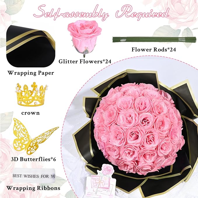 Waipfaru Glitter Roses Bouquet, DIY Fake Flowers Bouquet, Birthday Gifts for Women Mom, 24 Pcs Pink Rose for Grandma Wife Girlfriend Valentines, Mothers Day, Anniversary, Graduation