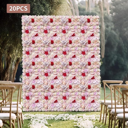 20 Pack Flowers Wall Panels Artificial Floral Wall Mat Handmade 3D Silk Rose Hydrangea Dahlia Floral Panels for Photo Background Home Party Wedding Backdrop Decoration, 24 x 16 inch (E)