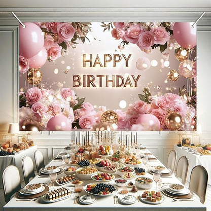 Pink Rose Happy Birthday Backdrop Banner Gold Letters Floral Photography Background Girls Birthday Party Decorations Elegant Party Supplies Photo Booth Props 71x43 Inch