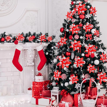 36 Pcs Christmas Glitter Artificial Poinsettia Flowers Xmas Poinsettia Artificial Wedding Flowers Decorations Xmas Tree Ornaments with Clips for Party, 6 Inch, 4 Inch, 3 Inch(Red and Silver)