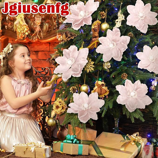 8 Pcs Large Christmas Flower Magnolia Flowers Christmas Tree Decoration Artificial Poinsettia Stems Velvet Xmas Ornaments for Xmas Tree Table Decor(Pink,12 Inch)