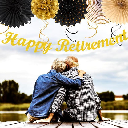 Black Gold Women-Men Happy-Retirement Party-Decorations - 21pcs Celebration Banner,Paper Streamers Lanterns Honeycomb,Tissue Flowers Pom Poms Fan, Classroom Backdrop Supplies Garland Decor Huglony