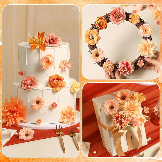 Fall Artificial Flower Heads Combo - 48pcs Orange Silk Flowers Bulk Faux Rose for Wedding Decor, Bridal Bouquets, Graduation Parties, Cake Toppers & Home DIY Crafts