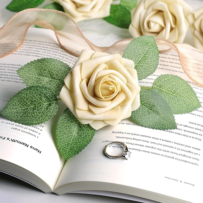 AmyHomie 25pcs Real Looking Artificial Beige Roses w/Stem for DIY Wedding Bouquets Centerpieces Arrangements Party Baby Shower Valentines Day Christmas Tree Decorations