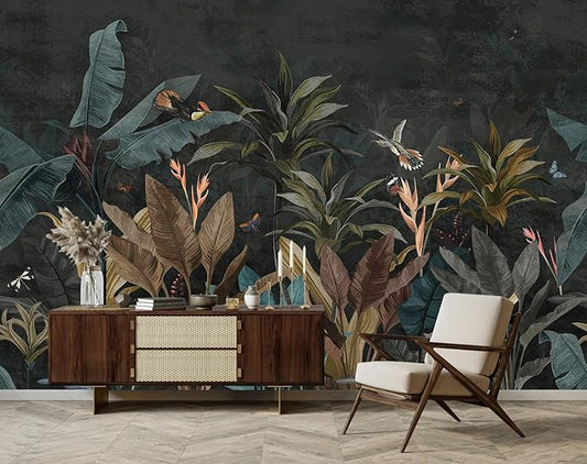 Dark Jungle Wallpaper Peel and Stick Tropical Plant Leaves Self Adhesive Mural for Living Room Bedroom 137"x100"