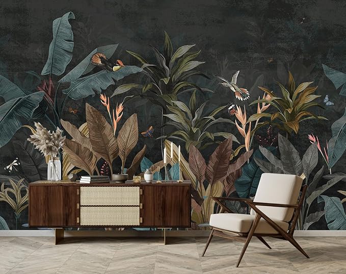 Dark Jungle Wallpaper Peel and Stick Tropical Plant Leaves Self Adhesive Mural for Living Room Bedroom 157"x108"