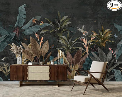 Tropical Botanical Wallpaper Dark Jungle Plant Leaf Wall Mural for Living Room Bedroom（Not Peel and Stick）