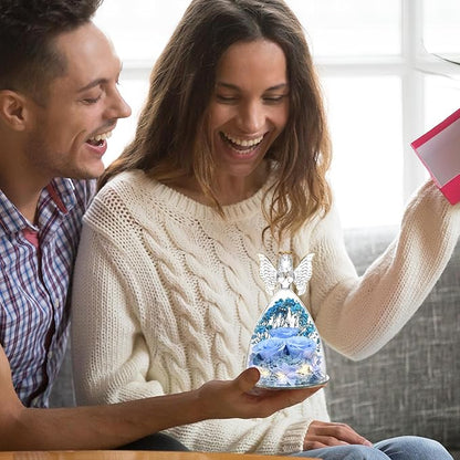 Christmas Rose Gifts for Women Preserved Real Flower in Glass Angel Figurines Roses for Delivery Prime Birthday Gifts for Mom Grandma Girlfriend Wife Her, Sky Blue