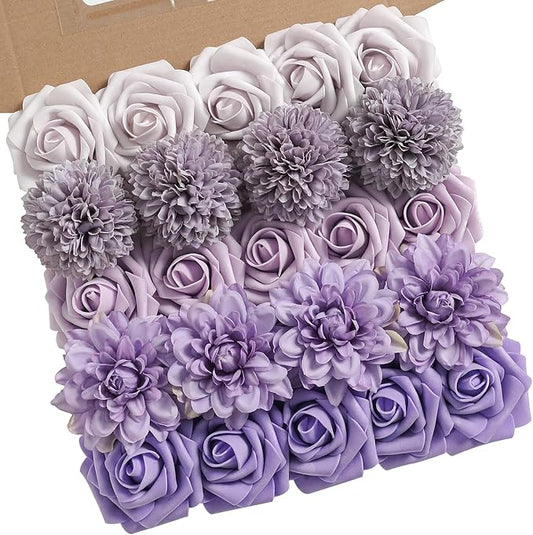 Artificial Flowers Combo Box Set Gradient Color Flower Leaf with Stems for DIY Wedding Bouquets Centerpieces Baby Shower Party Home Decorations (Lavender Purple)