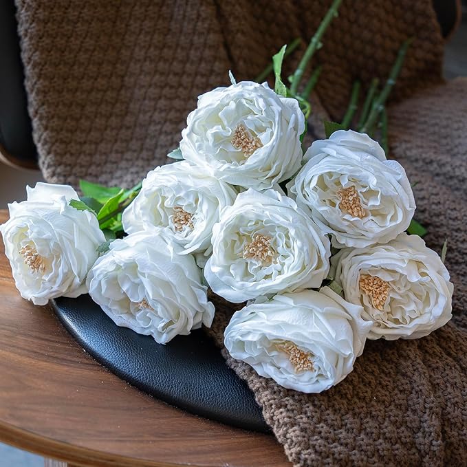 DUYONE White 4pcs Fake Flowers for Decoration Home Decor Real Touch Artificial Flowers Austin Rose Peony Latex Fake Flower Living Room Decoration Vivid Pink Roses Peonies(White 4pcs)
