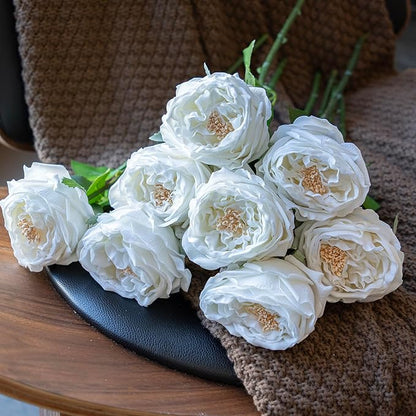DUYONE White 4pcs Fake Flowers for Decoration Home Decor Real Touch Artificial Flowers Austin Rose Peony Latex Fake Flower Living Room Decoration Vivid Pink Roses Peonies(White 4pcs)