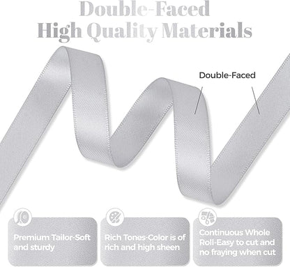 Silver Satin Ribbon, Double Faced 1/2 Inch X 25 Yards Silver Ribbon, Premium Satin Ribbon for Gift Wrapping, Crafts, Hair Bow Making, Sewing, Flower Bouquet, Wedding Party Decor